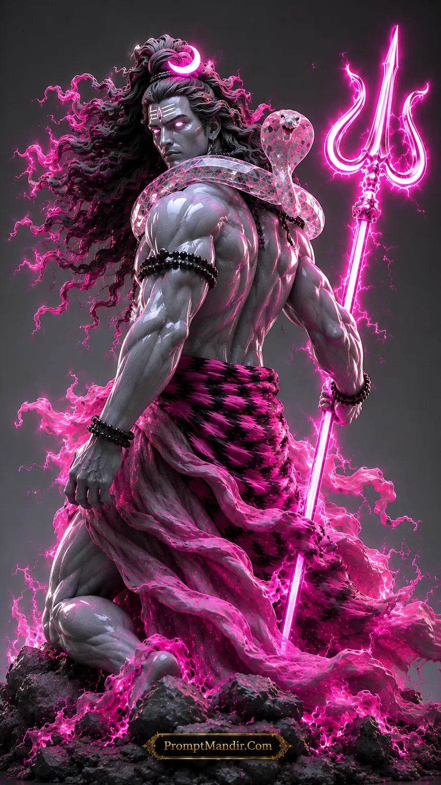 Powerful Lord Shiva seen from behind with glowing pink trident, serpent and flowing hair