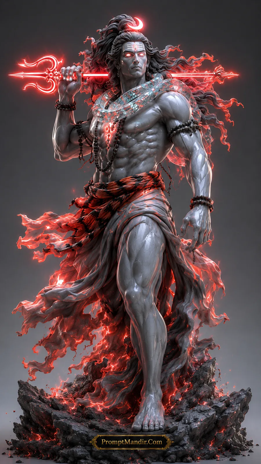 Lord Shiva walking forward carrying glowing red trident with fiery aura and sacred serpent