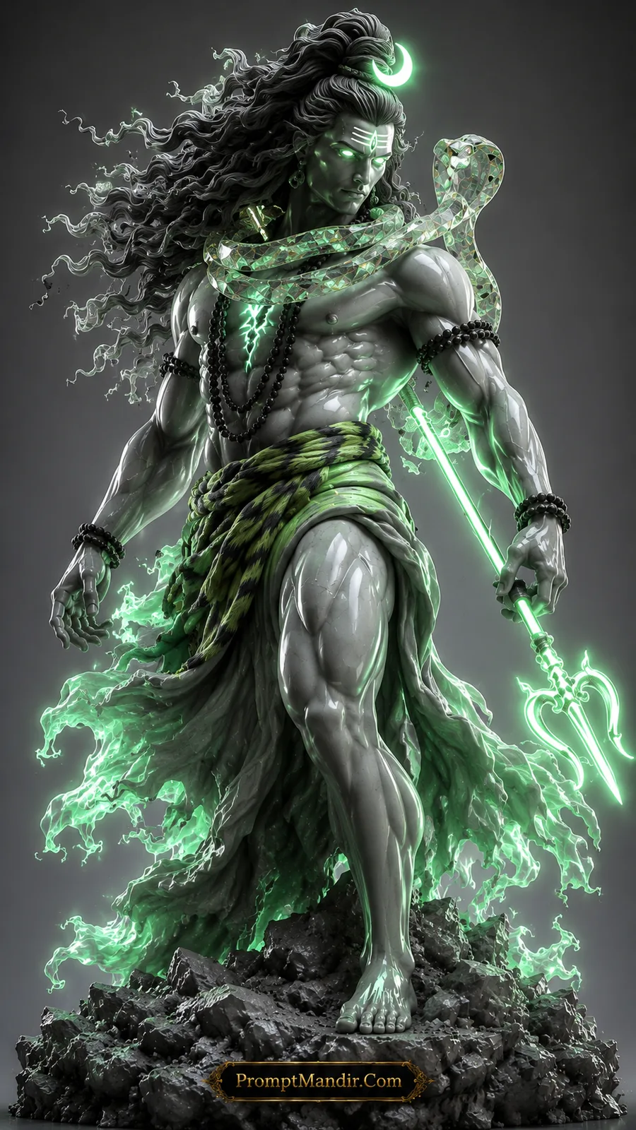 Lord Shiva holding glowing green trident with luminous serpent and emerald divine aura