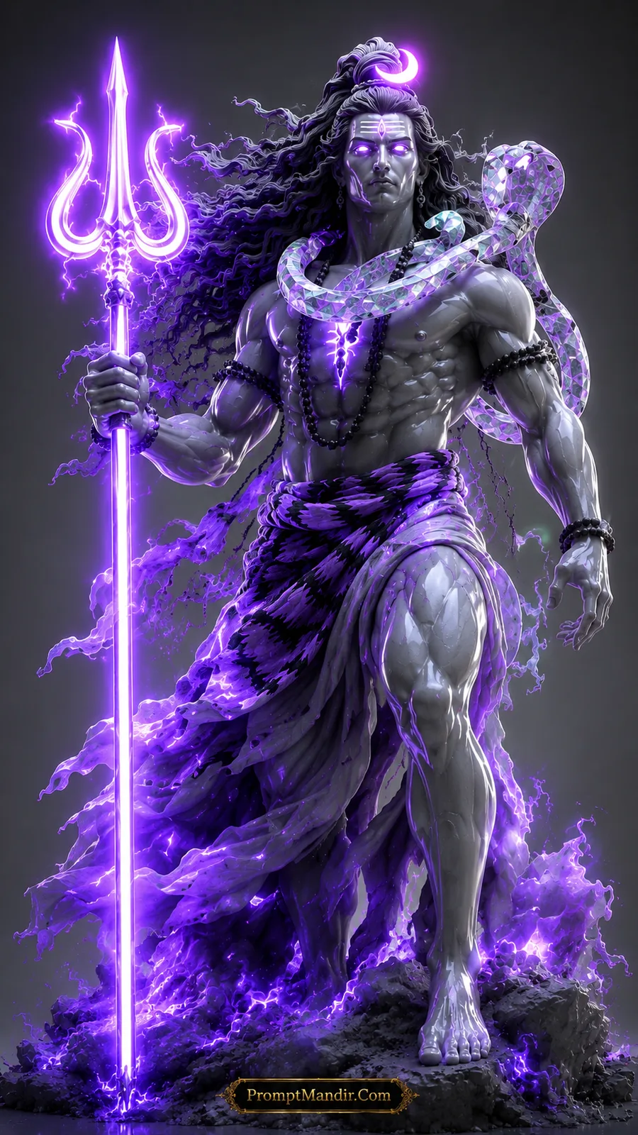 Lord Shiva standing with glowing purple trident, radiant serpent and mystical violet aura