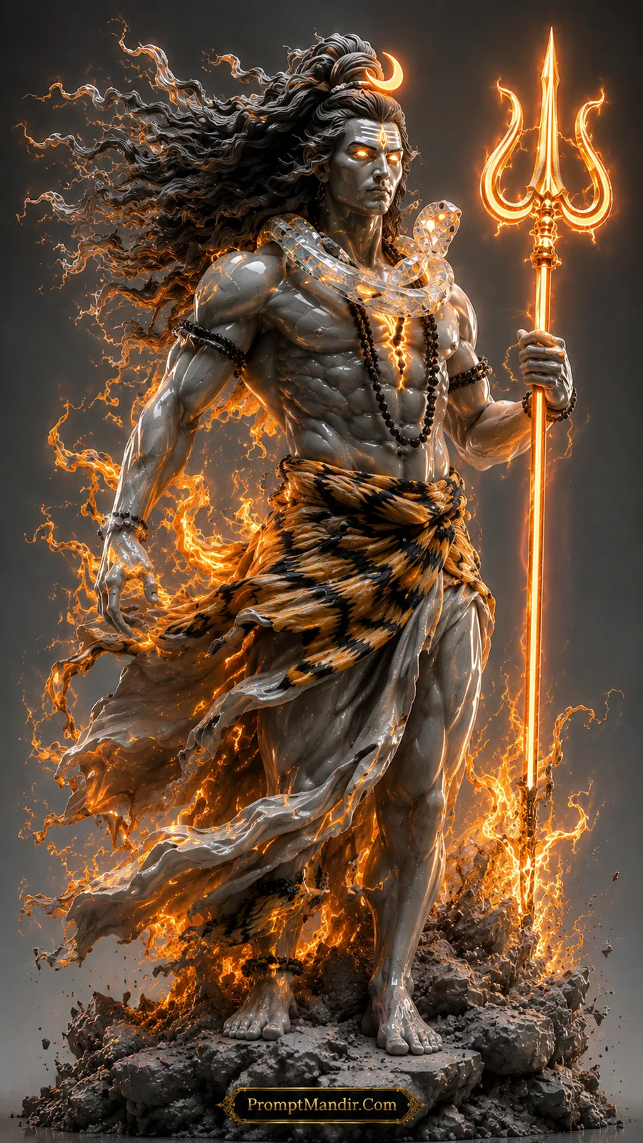 Lord Shiva holding golden trident with glowing serpent and blazing orange spiritual energy