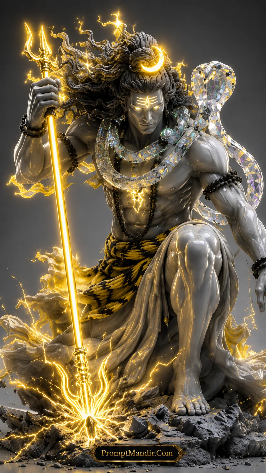Lord Shiva kneeling with glowing golden trident and crystal serpent on rocky ground