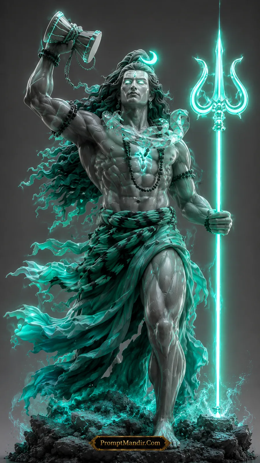Lord Shiva raising damru with glowing cyan trident and sacred serpent around shoulders