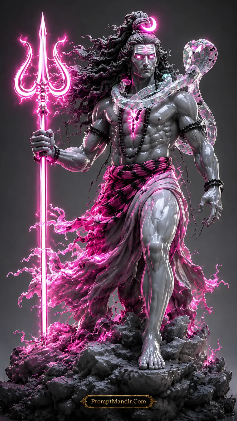 Lord Shiva holding glowing pink trident with crystal serpent and flowing divine robes