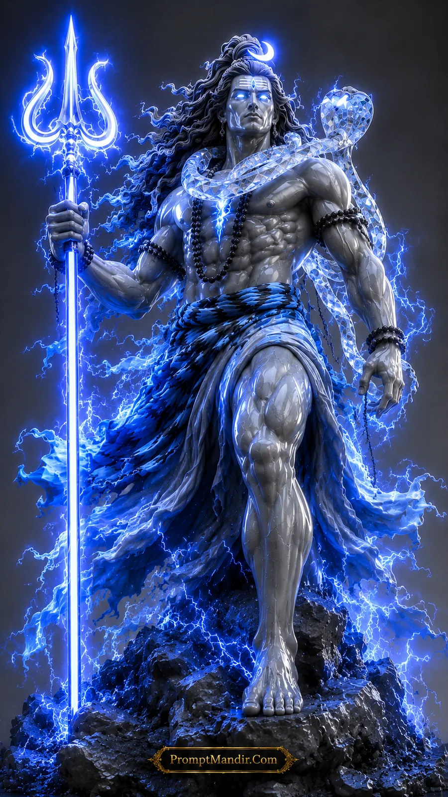 Lord Shiva with glowing blue trident, crystal serpent and brilliant electric blue aura