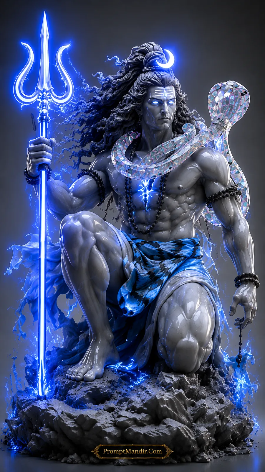 Kneeling Lord Shiva holding glowing blue trident with sacred serpent and flowing hair
