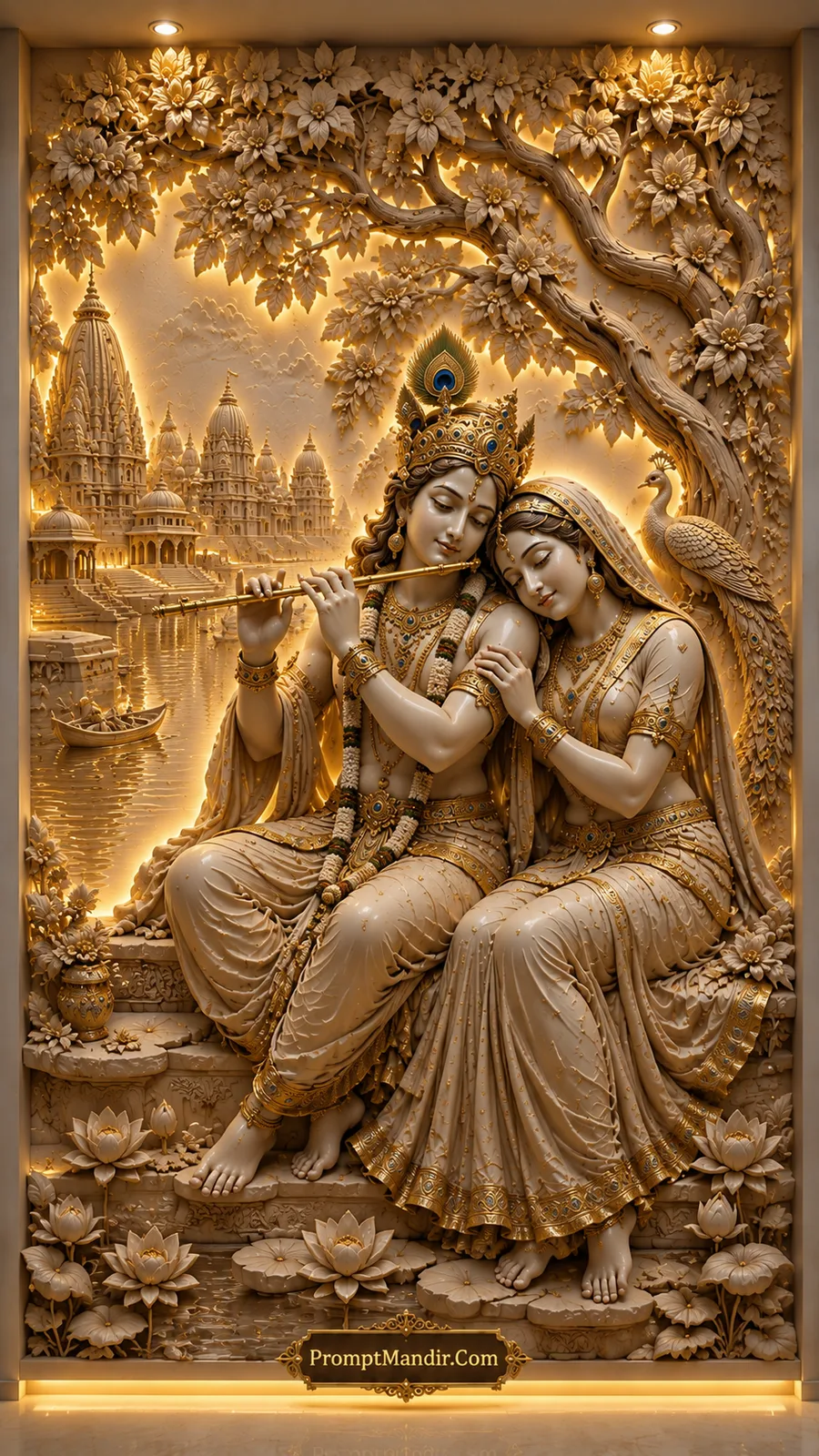 Radha and Krishna beside river temple, flute melody under flowering tree