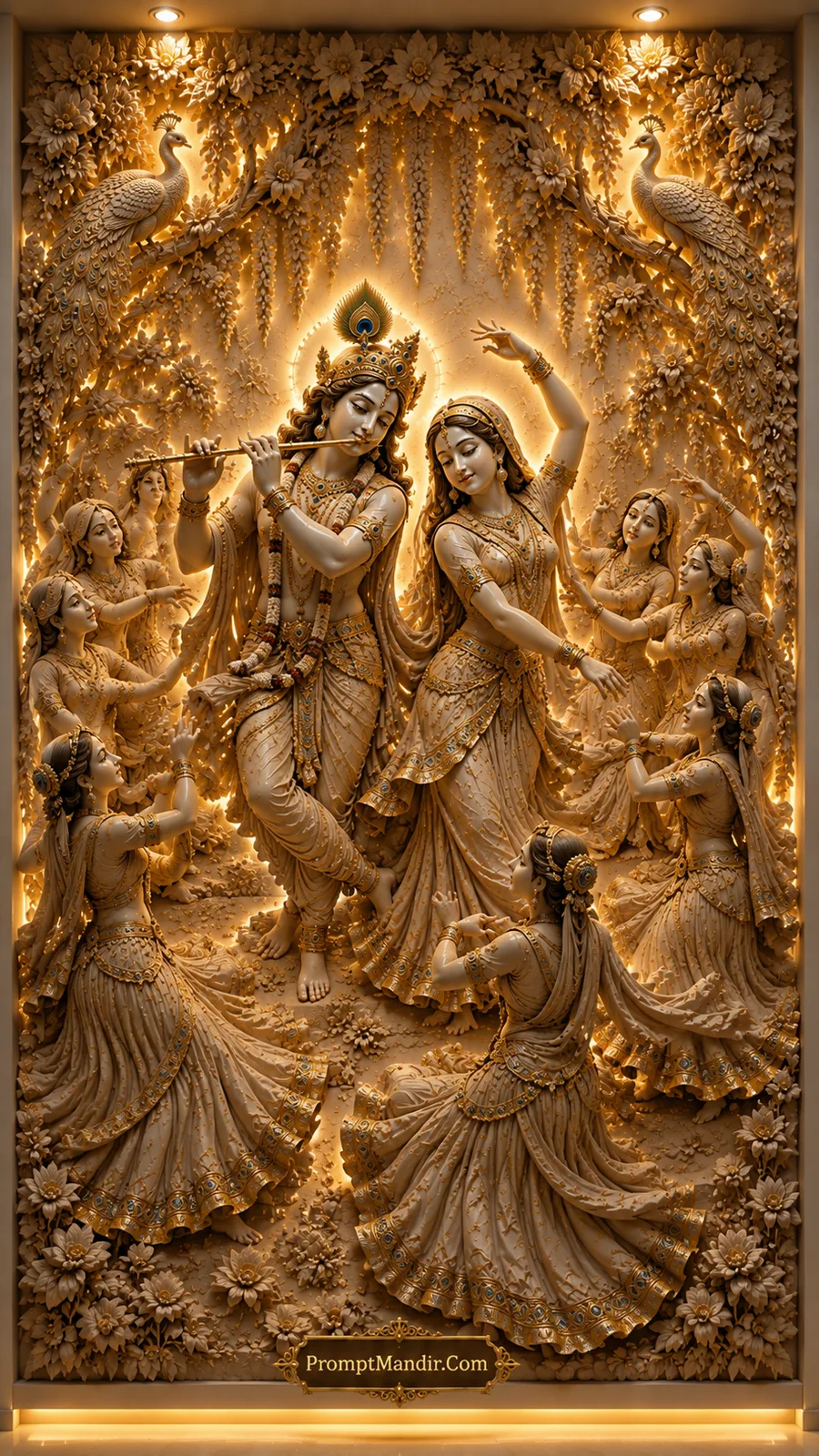 Krishna playing flute with Radha dancing among gopis beneath peacocks
