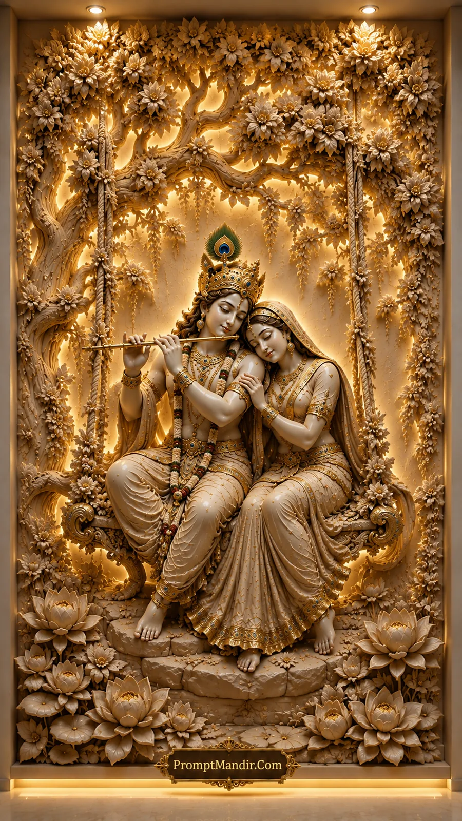 Radha and Krishna seated on floral swing beneath glowing blossoms