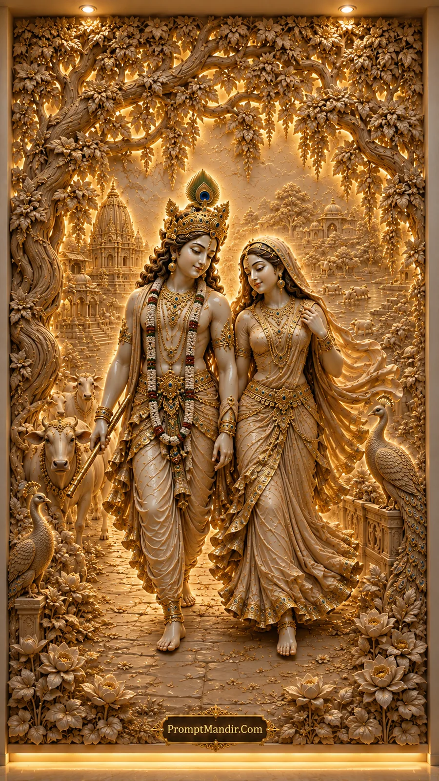 Radha and Krishna walking through Vrindavan path with cows and peacocks