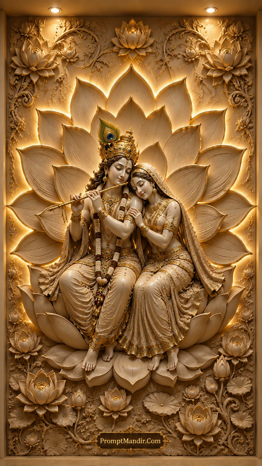 Radha and Krishna seated within radiant lotus petals and floral patterns