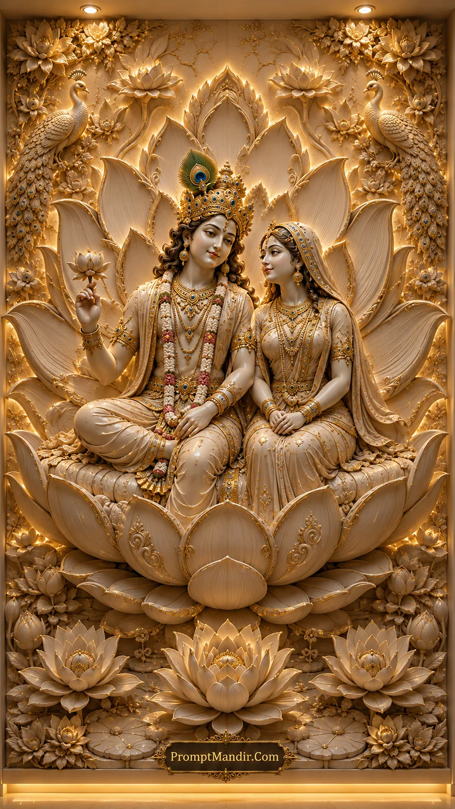 Krishna holding lotus beside Radha seated on ornate lotus throne