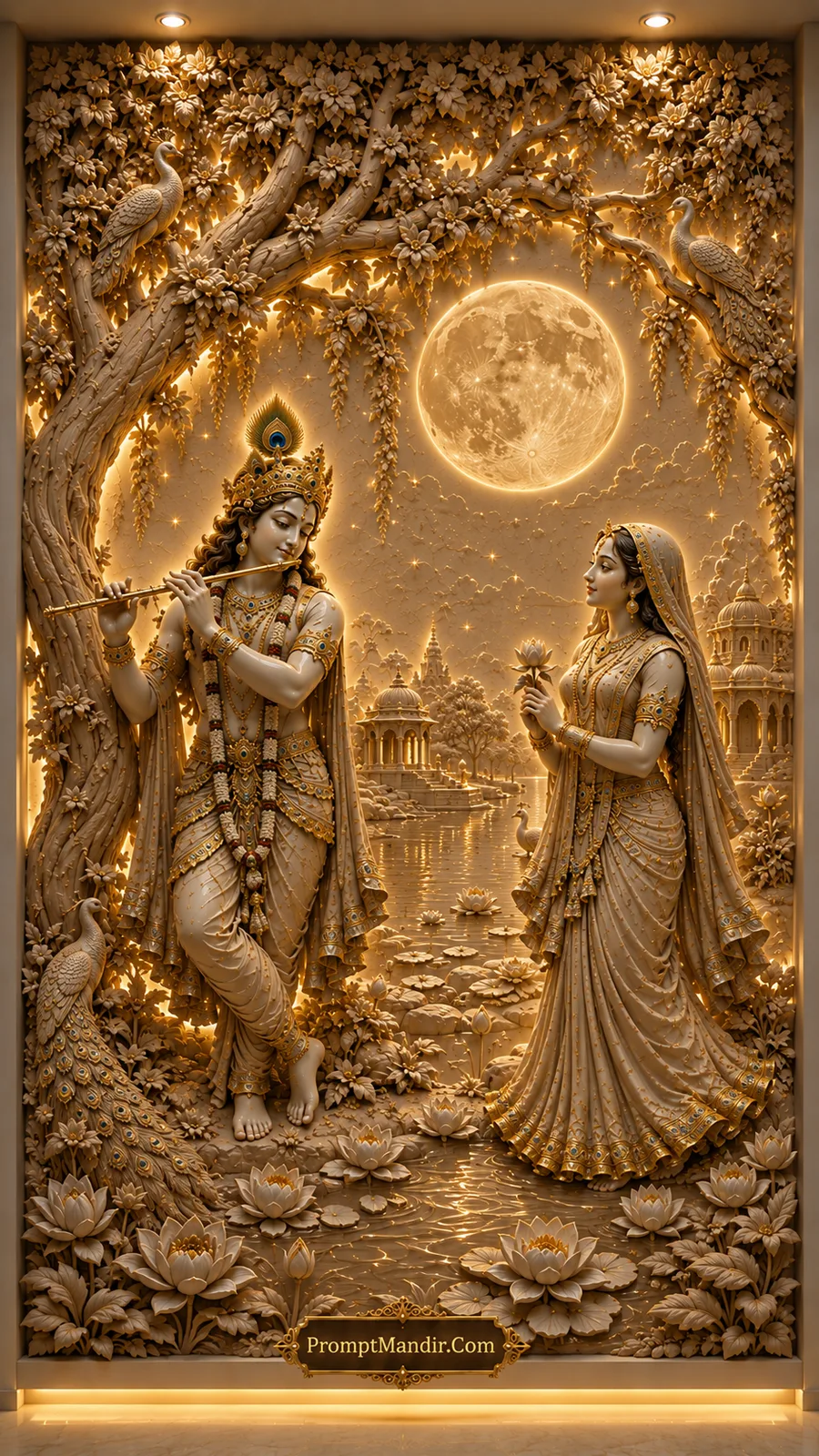 Krishna playing flute under moonlight while Radha admires him near pond