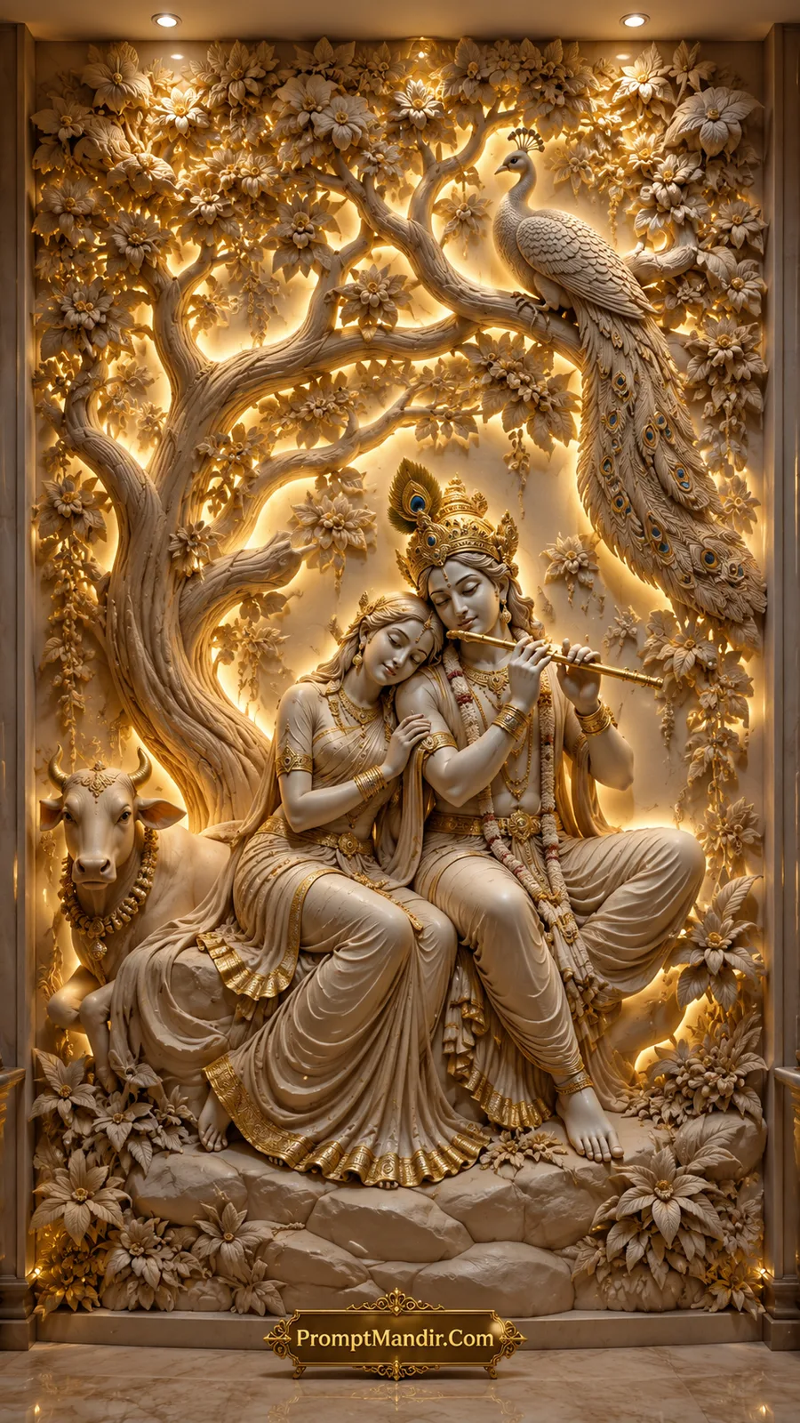 Radha and Krishna seated beneath tree with peacock and sacred cow
