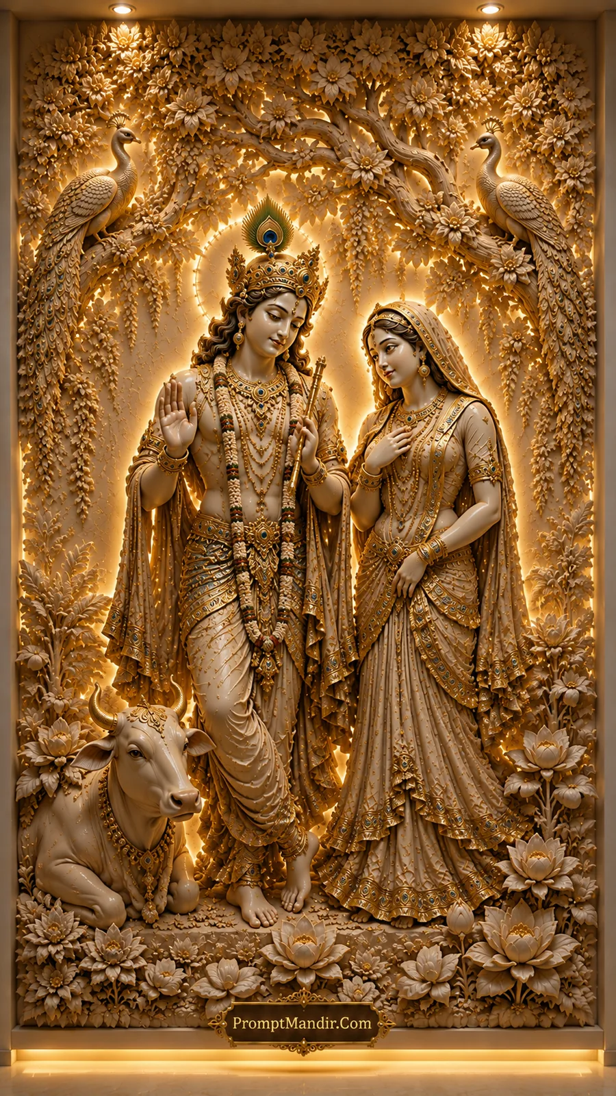 Krishna blessing Radha beneath flowering trees with sacred cow nearby