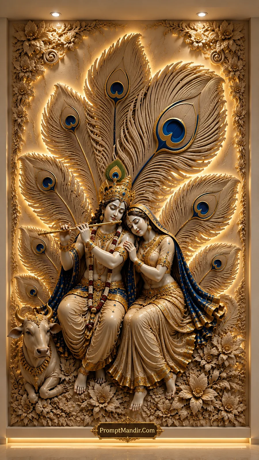 Radha and Krishna before giant peacock feathers with sacred cow