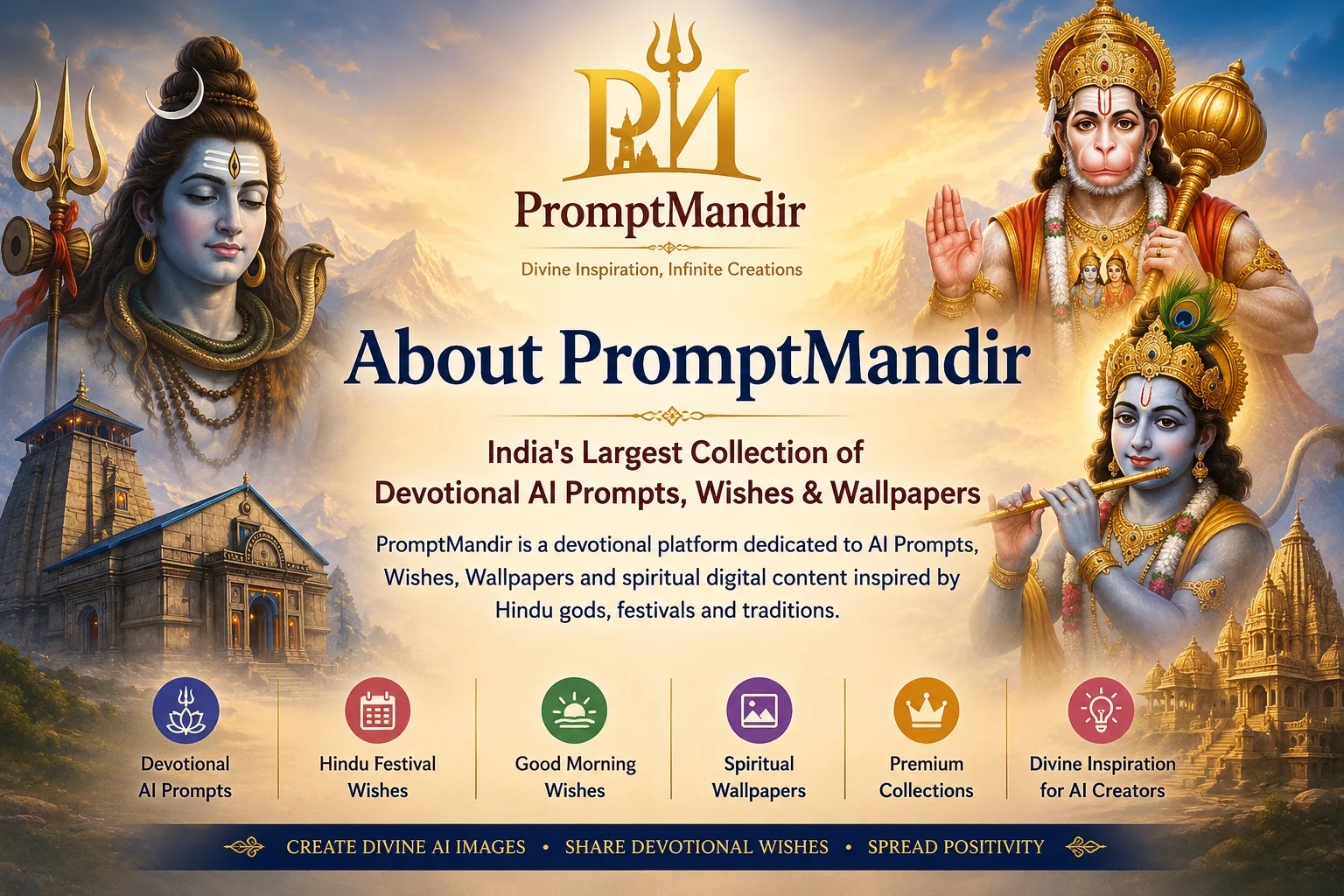About PromptMandir devotional AI prompts platform featuring Lord Shiva, Hanuman, Krishna, Hindu temples, wishes, wallpapers and spiritual AI content.