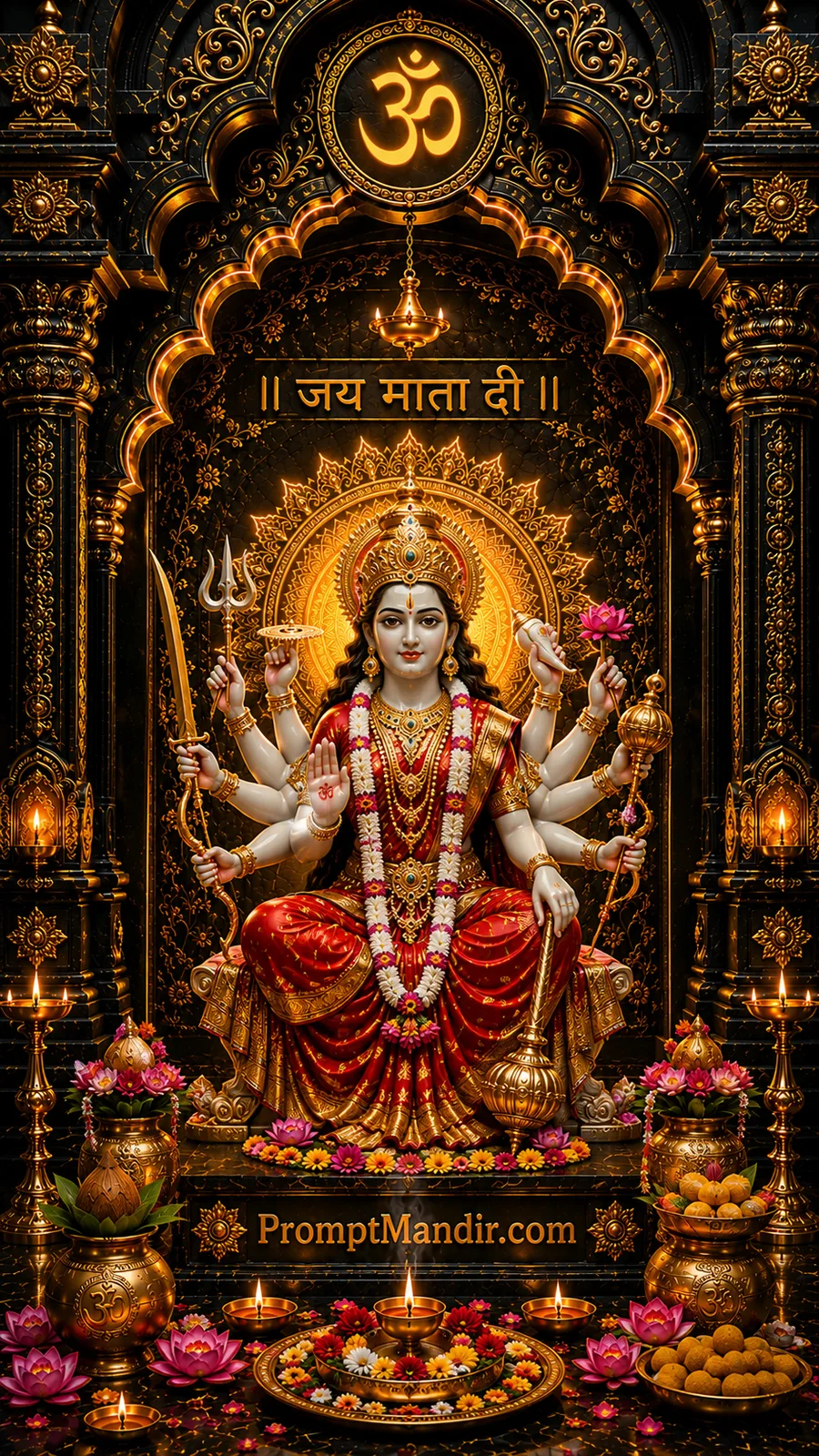 Divine Goddess Durga seated with sacred weapons inside glowing black and gold temple sanctuary