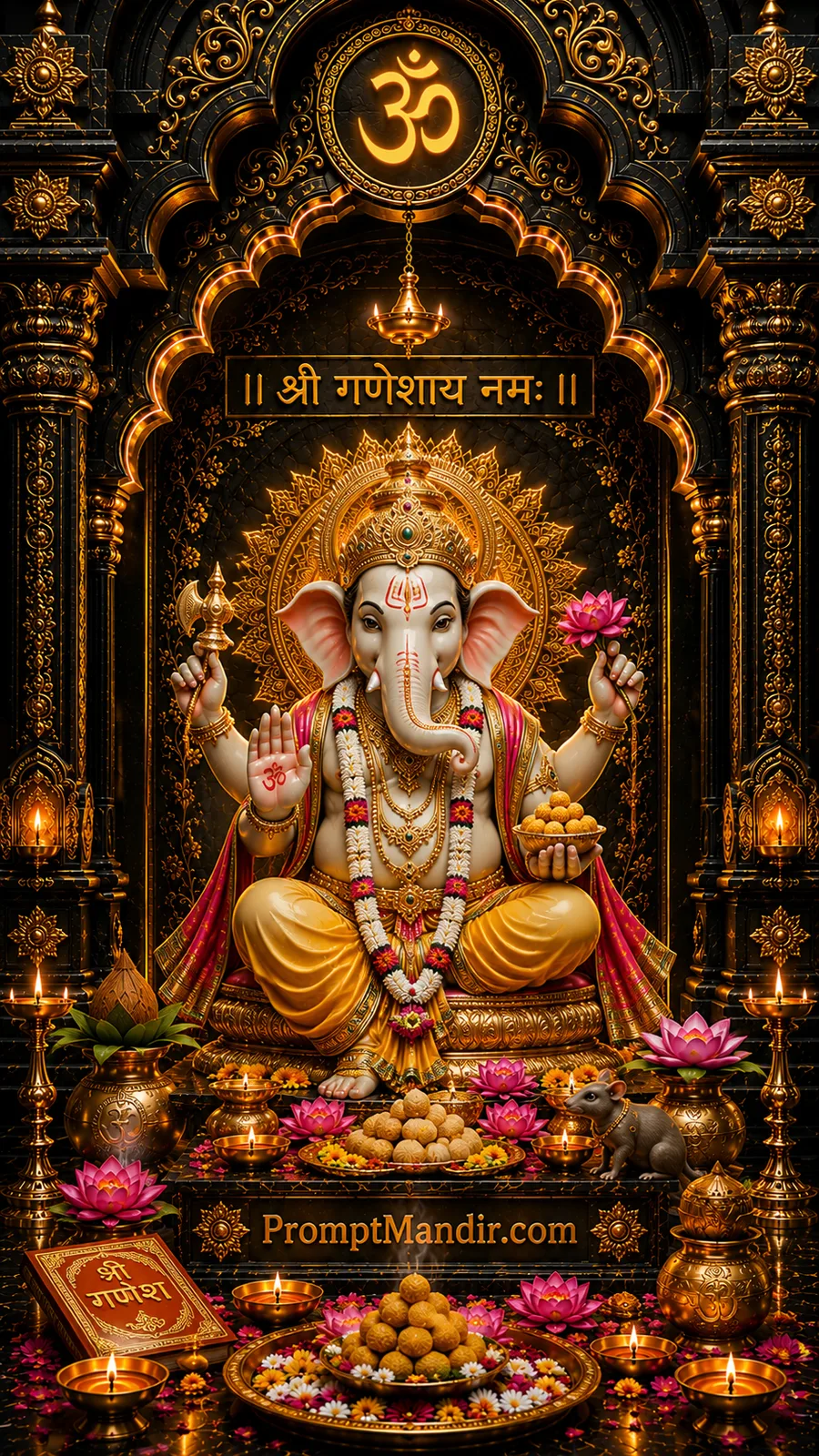 Lord Ganesha holding lotus and modaks inside luxurious black temple with glowing golden decorations
