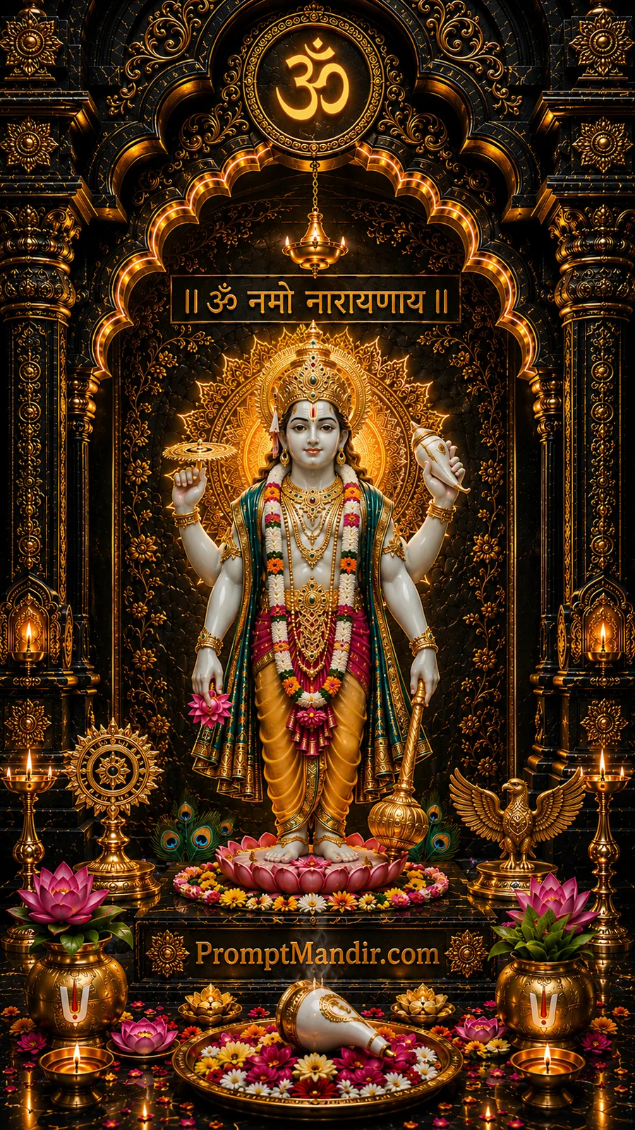Lord Vishnu standing on lotus with Sudarshan Chakra inside magnificent black temple shrine