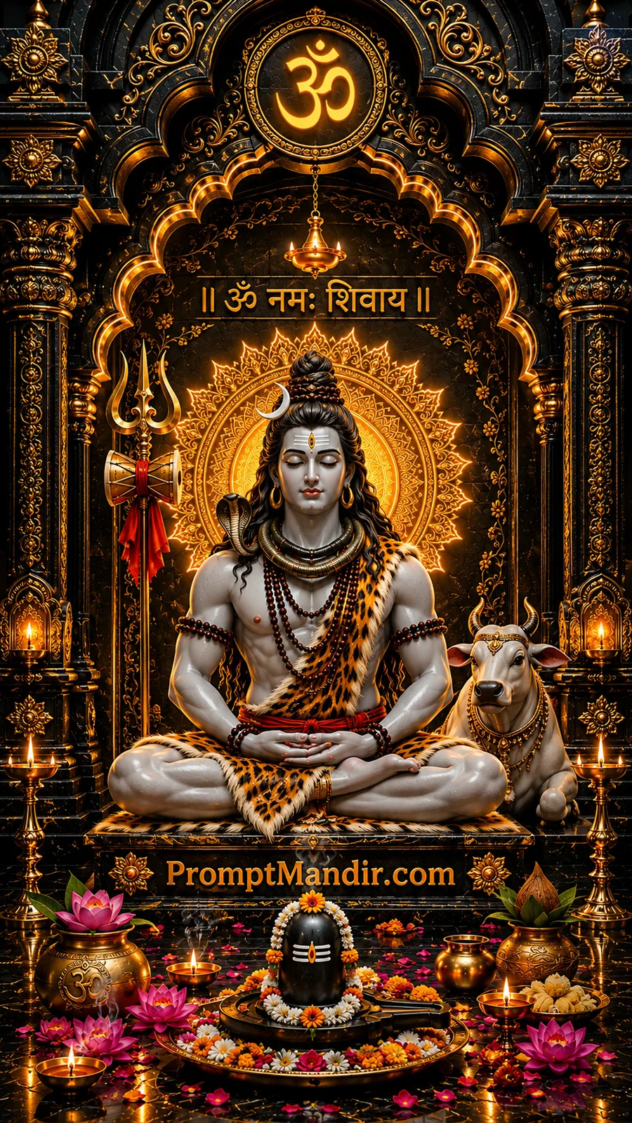 Meditating Lord Shiva beside Nandi inside glowing black temple with sacred Shivling and diyas