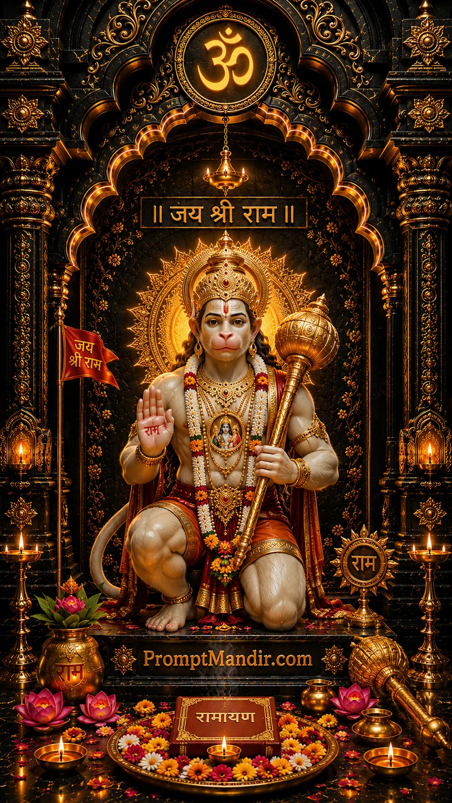 Lord Hanuman kneeling with golden gada inside radiant black temple filled with devotional lamps