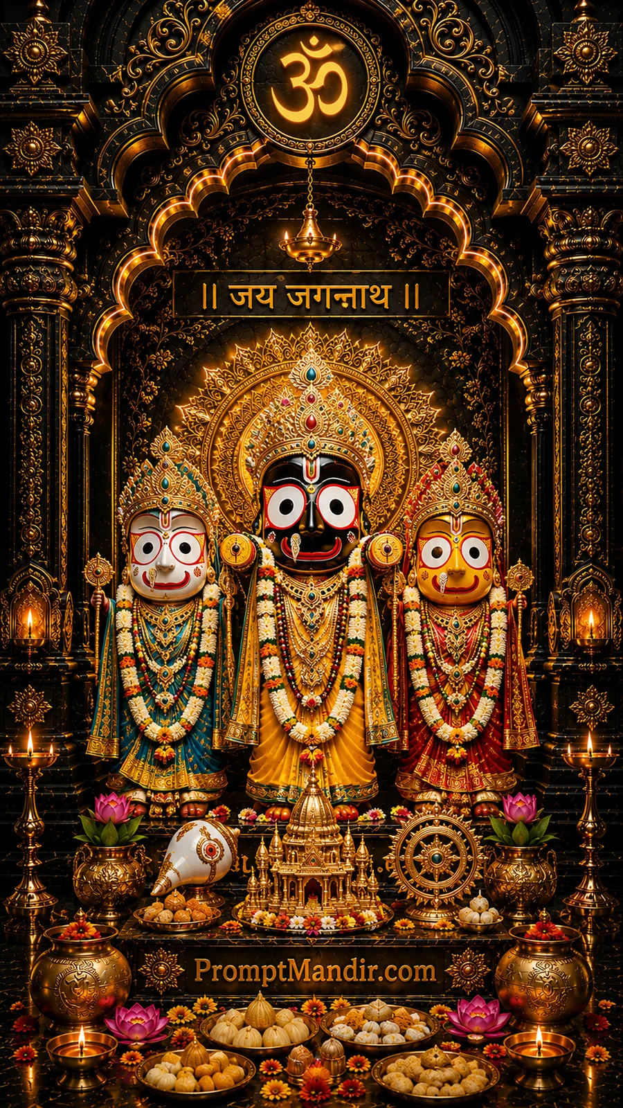 Lord Jagannath with Balabhadra and Subhadra inside grand black temple glowing with golden ornaments