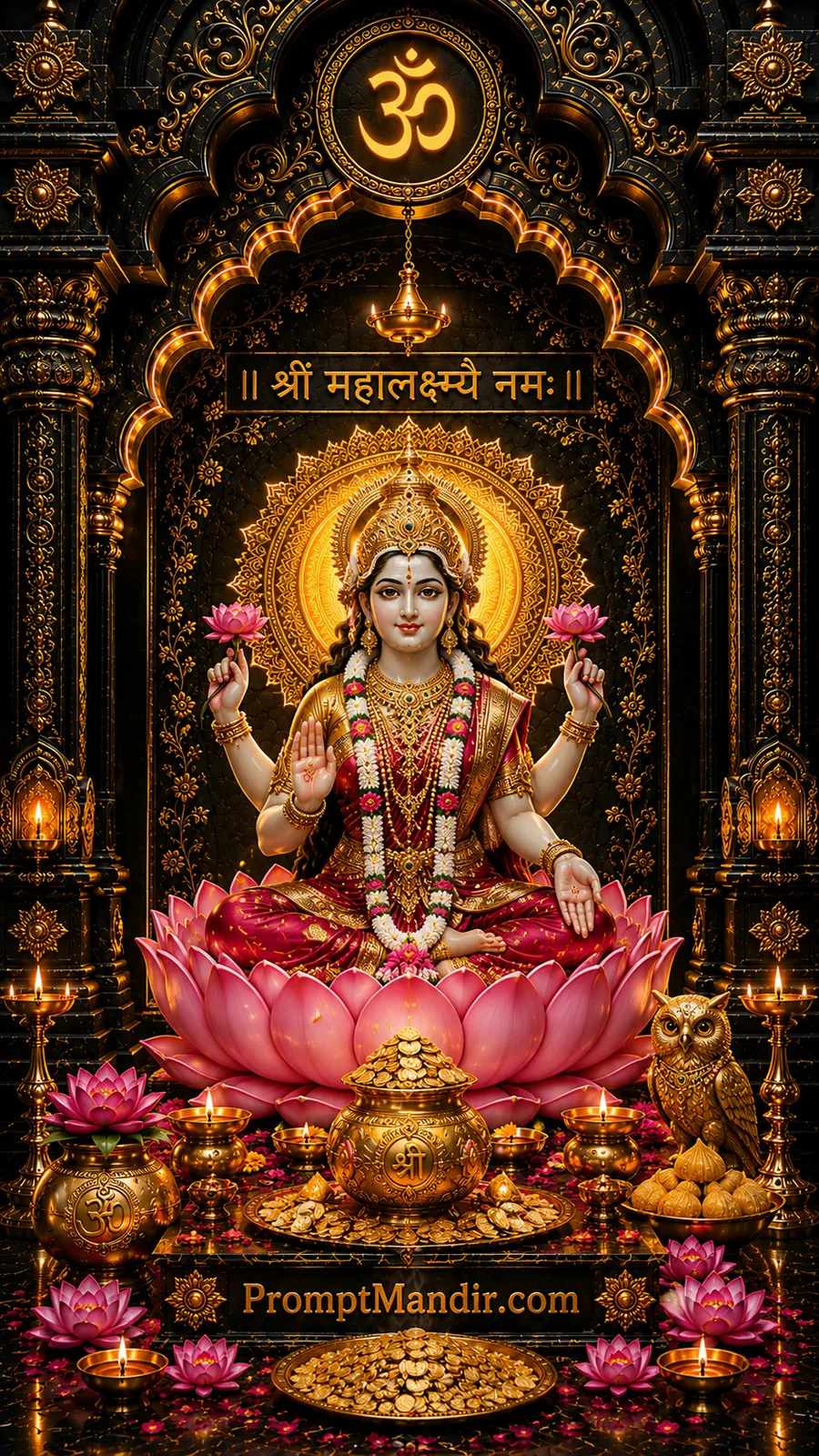 Goddess Lakshmi seated on pink lotus inside luxurious black temple with golden prosperity symbols