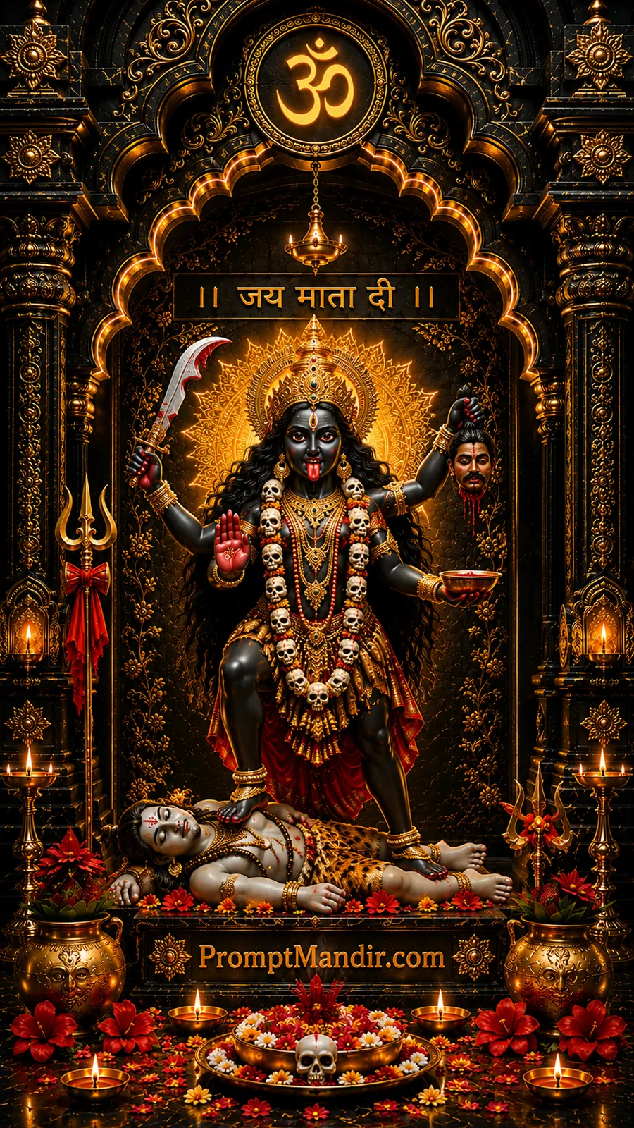 Powerful Goddess Kali standing over Lord Shiva inside dramatic black temple with glowing golden aura