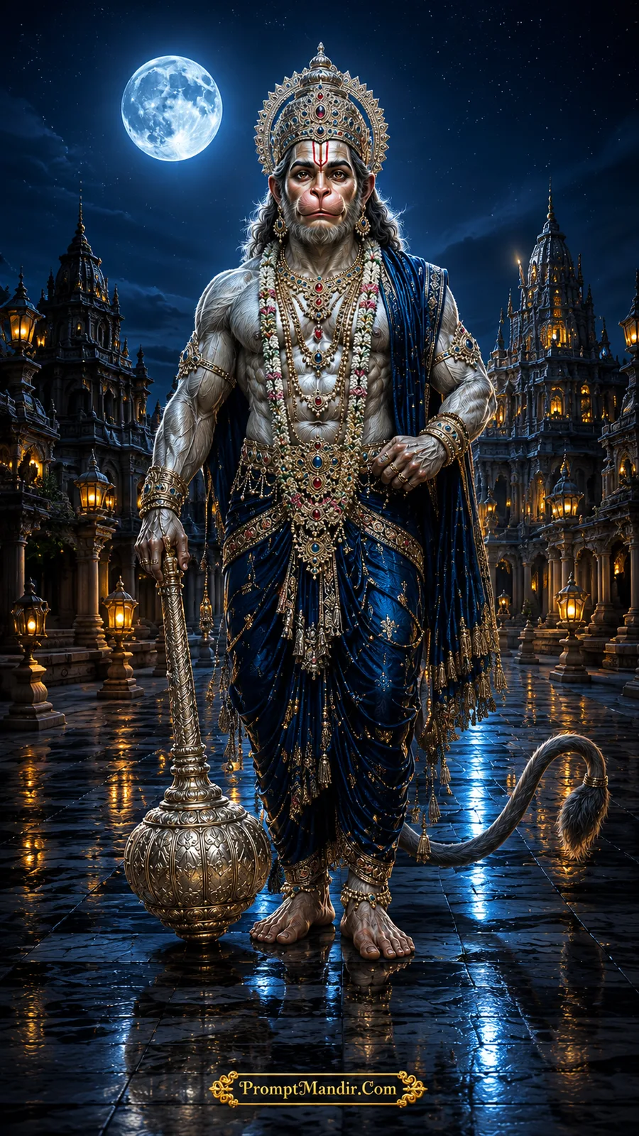 Lord Hanuman standing beneath moonlit sky with golden mace and temple courtyard