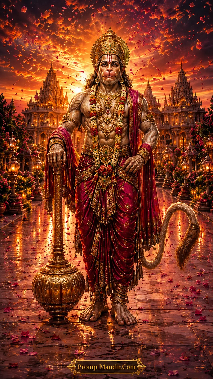 Lord Hanuman standing with golden mace amid flower petals and temple gardens