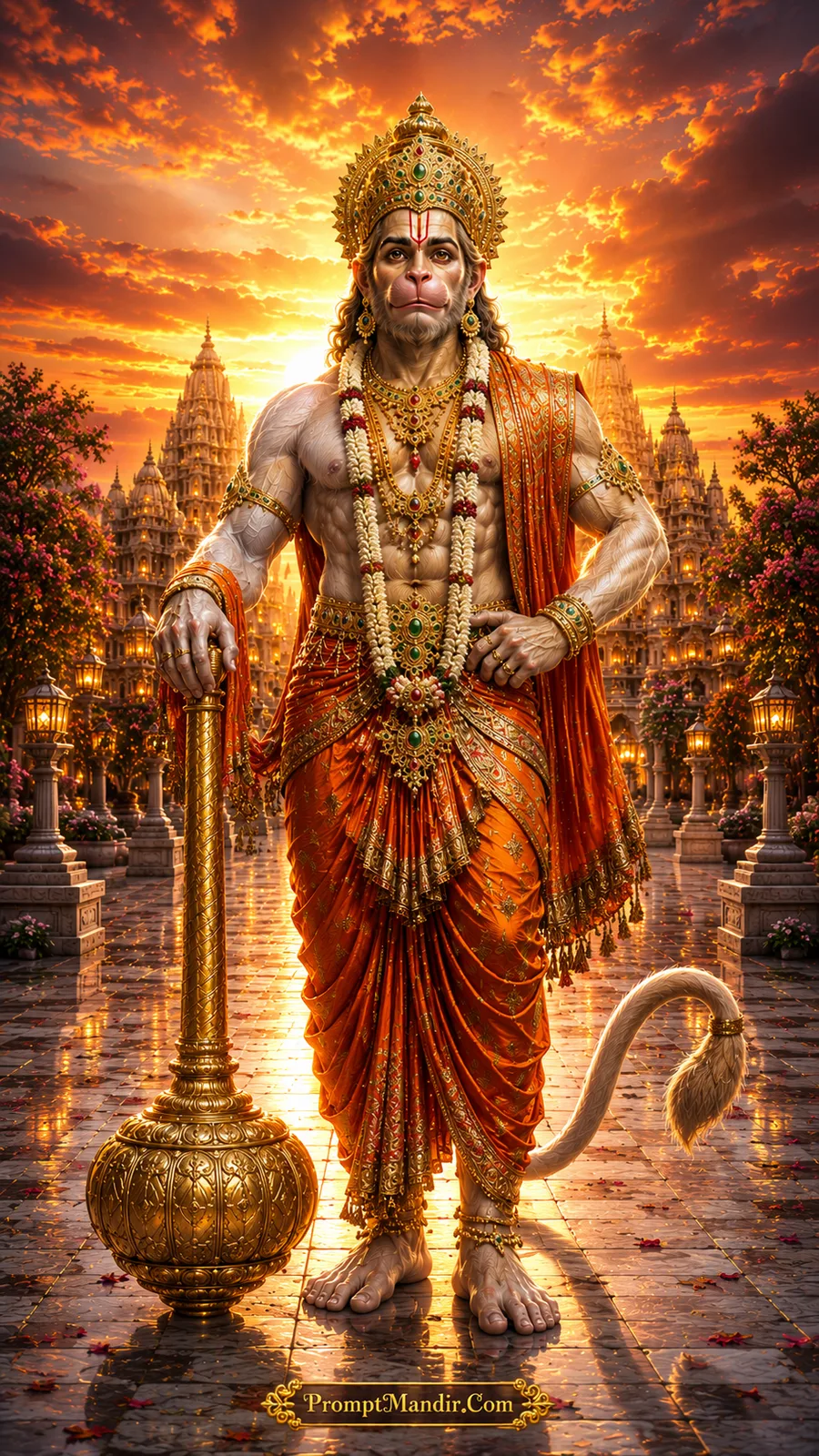 Lord Hanuman standing before glowing temples beneath radiant golden sunset