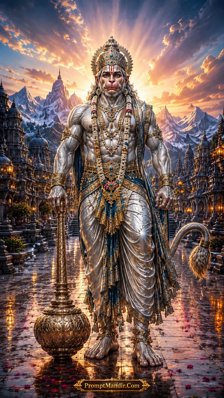 Lord Hanuman in white attire with mountains and temple city backdrop
