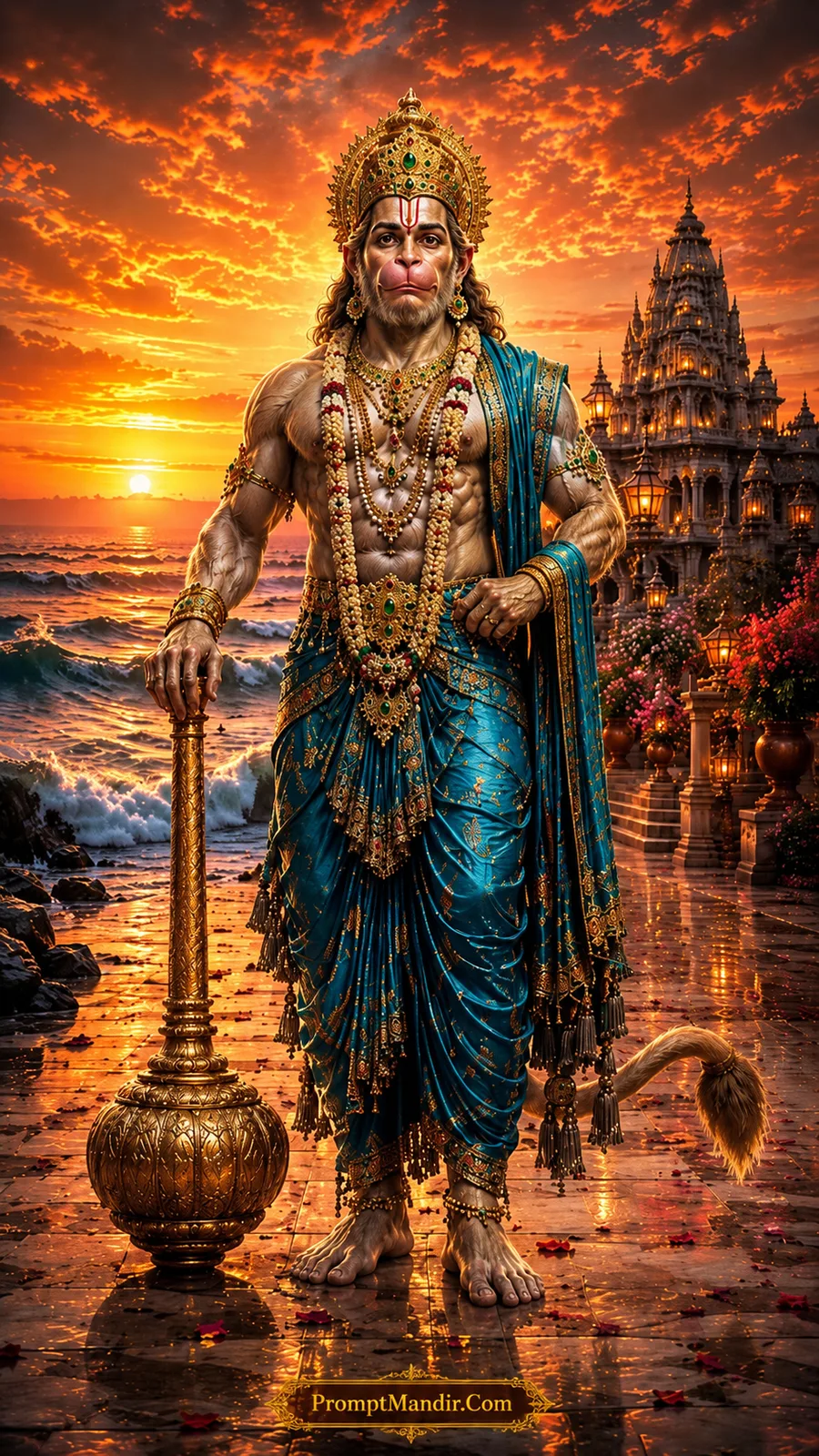 Lord Hanuman beside ocean waves with glowing temple and sunset horizon