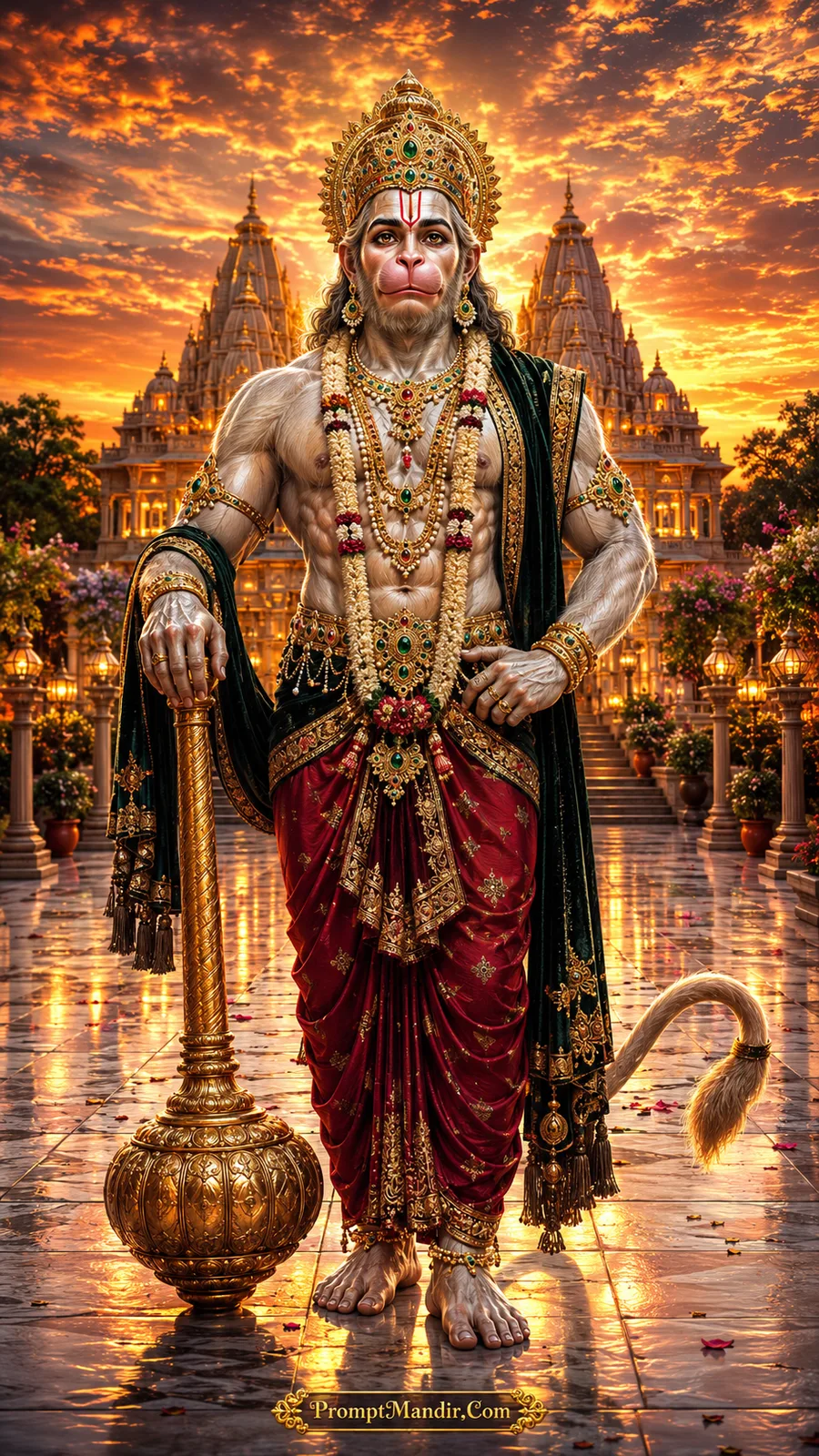 Lord Hanuman standing before grand temple beneath glowing orange evening sky