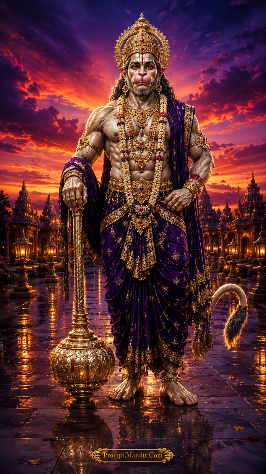 Lord Hanuman in royal purple attire beneath vibrant twilight temple skyline