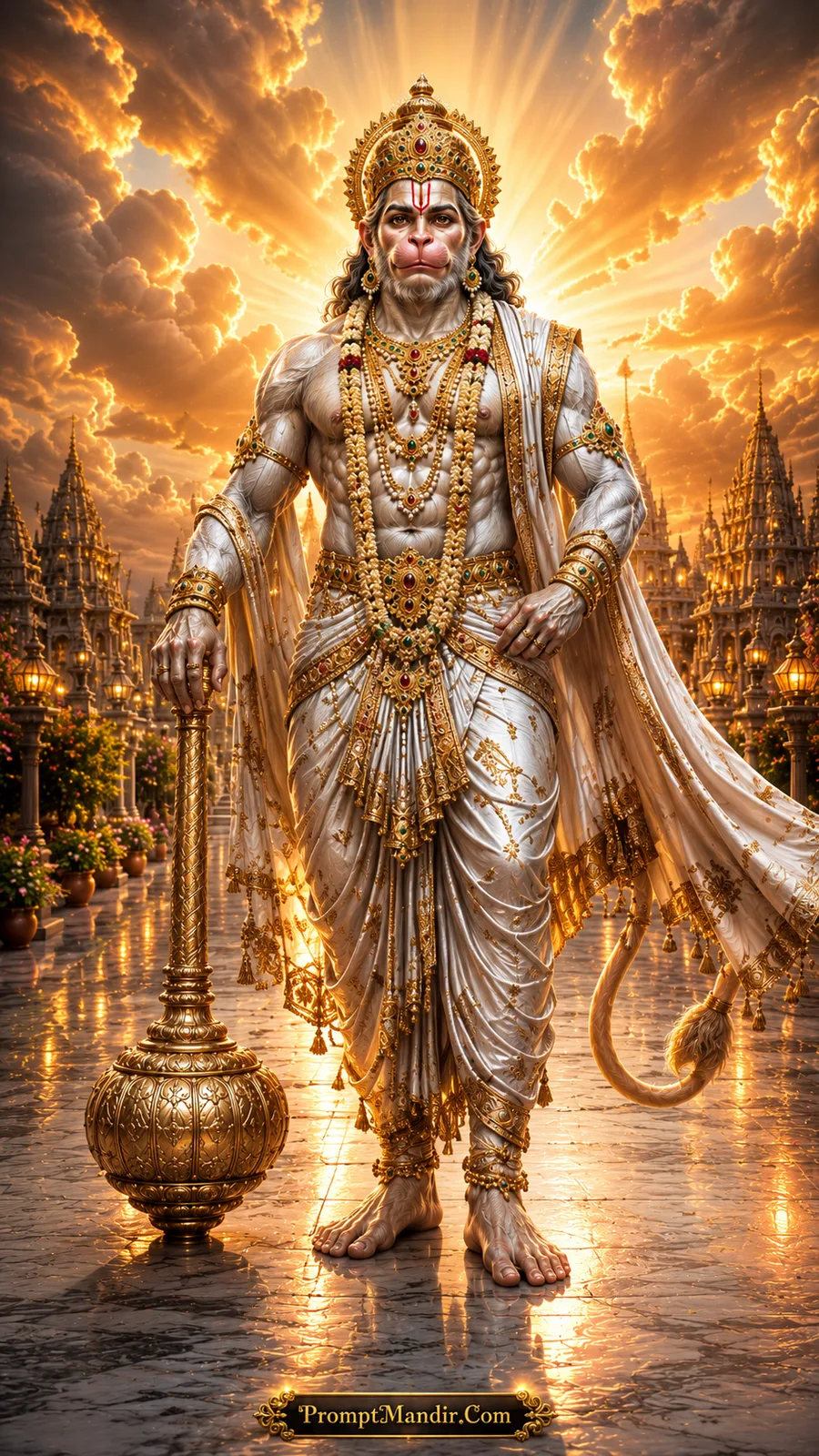 Lord Hanuman in white robes surrounded by radiant heavenly golden light