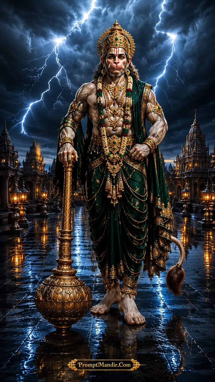 Lord Hanuman beneath storm clouds holding golden mace amid lightning sky