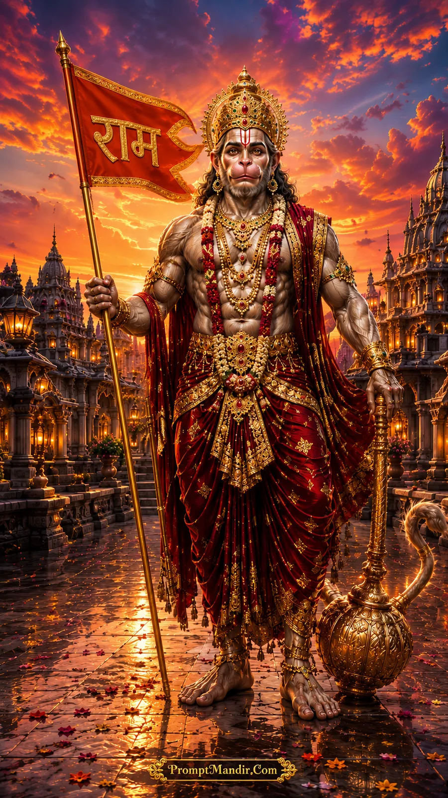 Lord Hanuman holding Ram flag beside golden mace and temple pathway