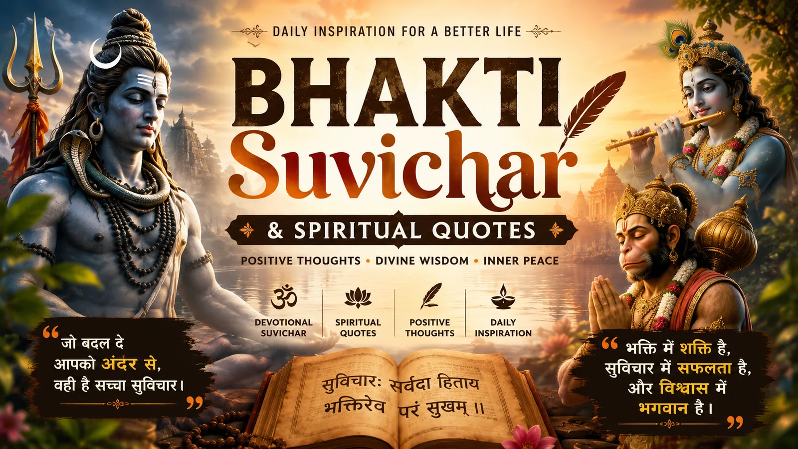 Bhakti suvichar featuring Krishna wisdom, Mahadev motivation, spiritual quotes, and devotional wallpapers