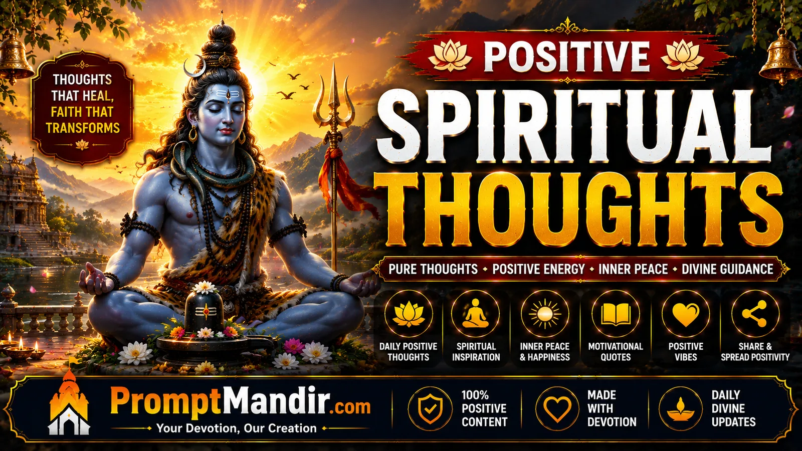 Positive spiritual thoughts wallpaper with meditating Mahadev and motivational quotes