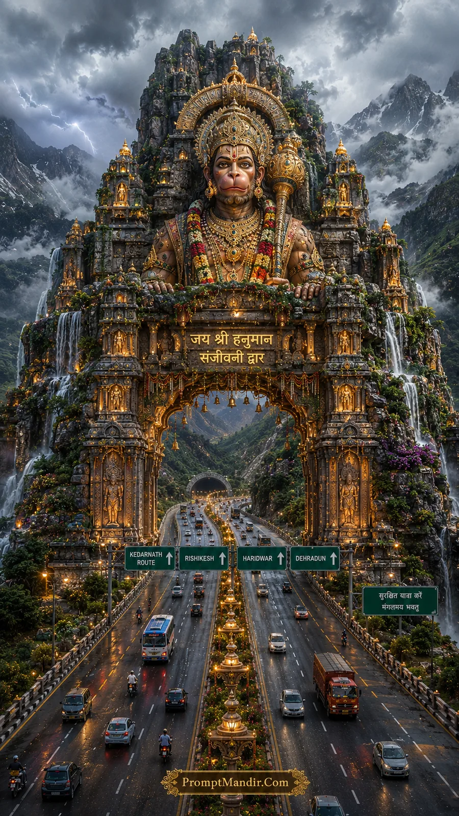 Majestic Lord Hanuman statue above mountain temple gateway with waterfalls and highway