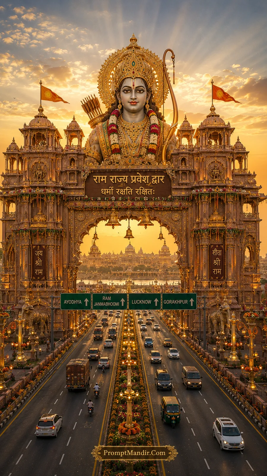Golden Lord Rama entrance arch with royal temple backdrop and city roadway