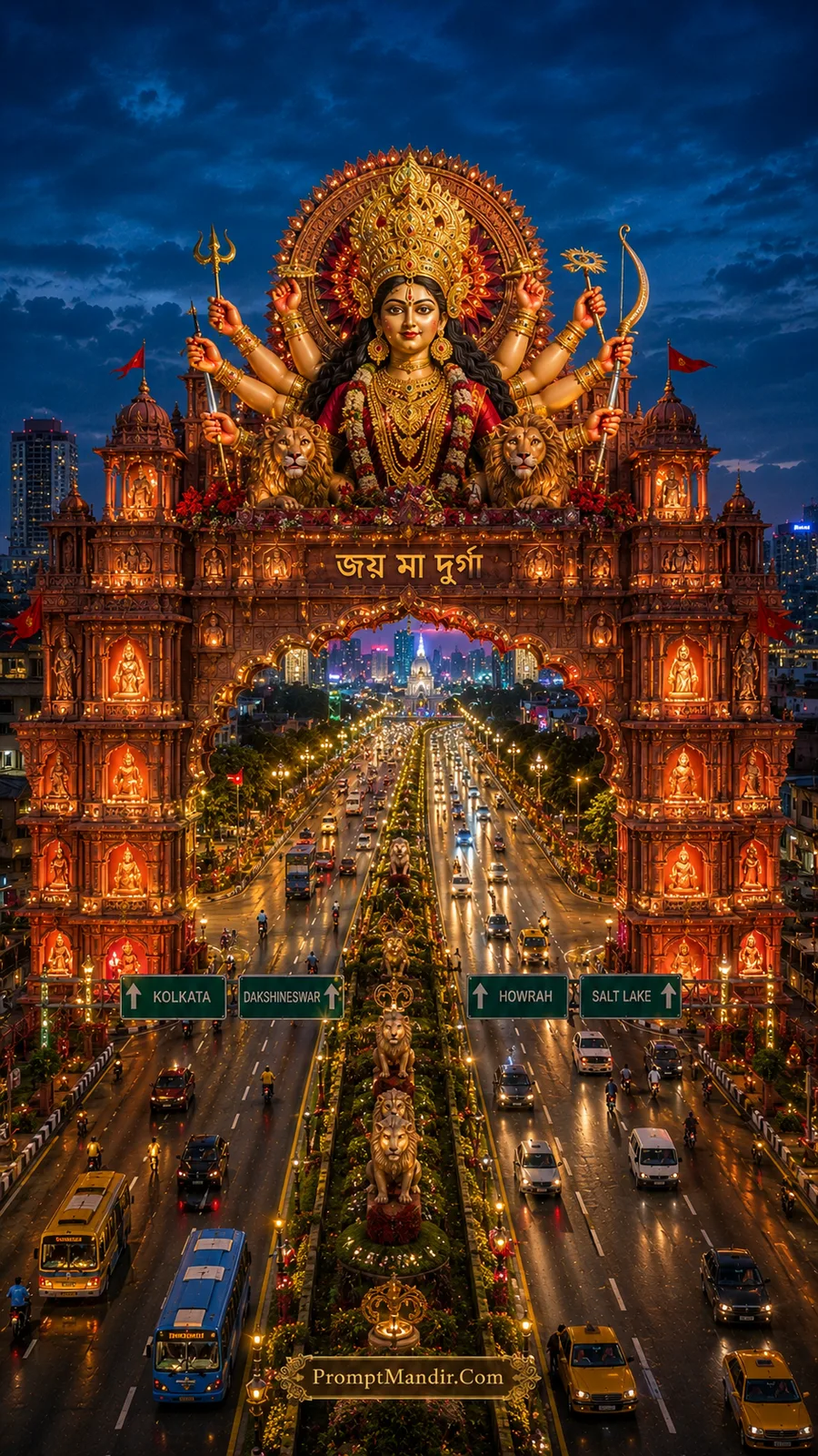 Goddess Durga with lions above illuminated festival gateway in cityscape