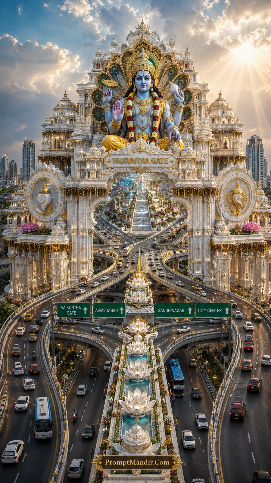 Lord Vishnu seated above white Vaikuntha gate with lotus adorned highways