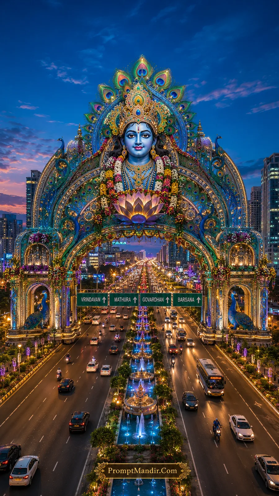 Lord Krishna gateway adorned with peacock feathers above illuminated city road