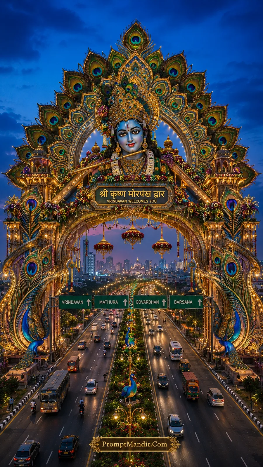 Blue toned Krishna inspired arch decorated with peacock motifs and fountains