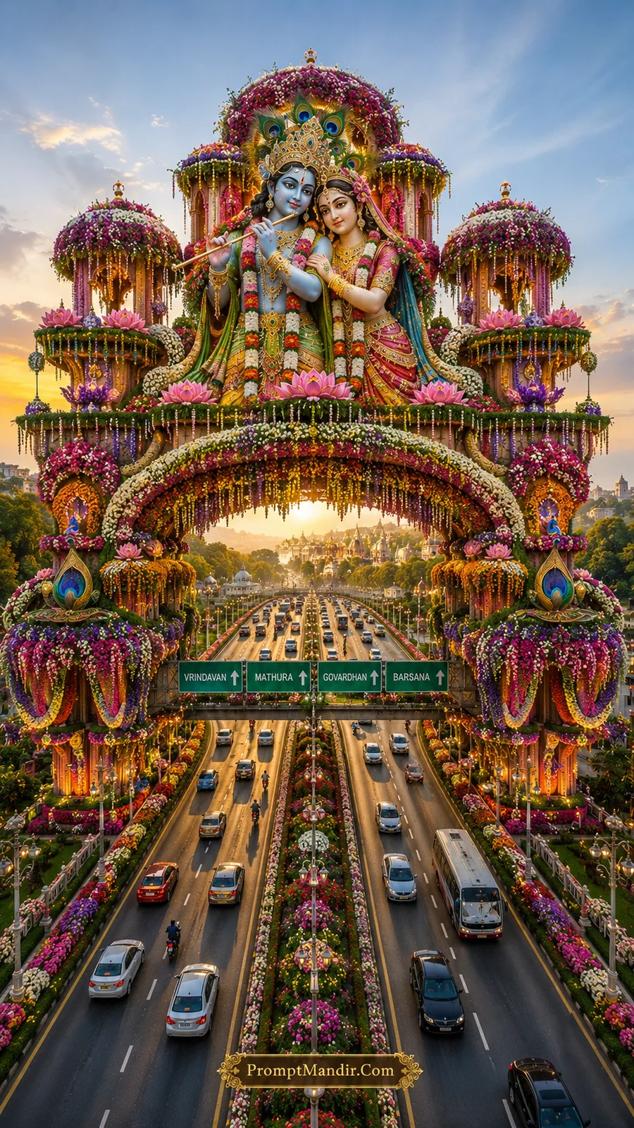 Radha Krishna floral gateway covered with vibrant blossoms above highway