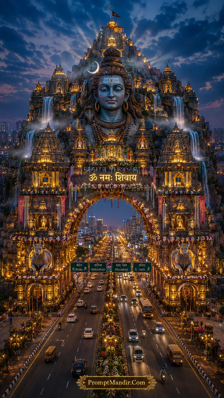 Lord Shiva temple gateway beneath waterfalls and glowing mountain shrine