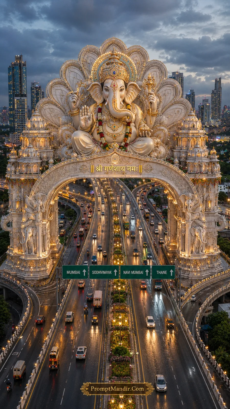 Elegant Lord Ganesha seated above white ceremonial gateway and city roads